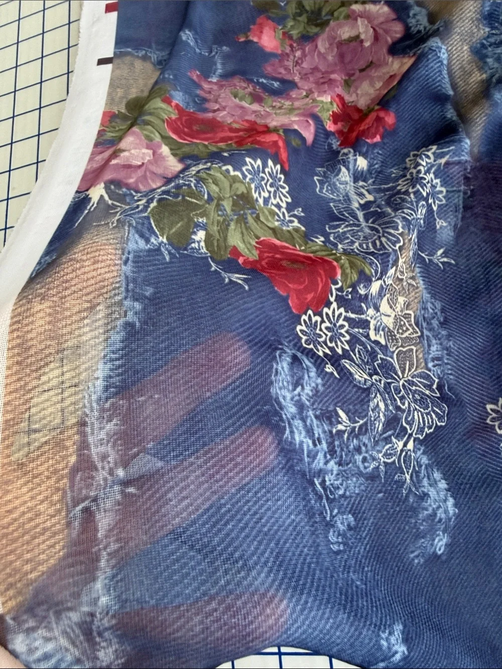 Y2K Denim Rose Lace Print Stretch Mesh Fabric 4 Yards 54” Semi Sheer